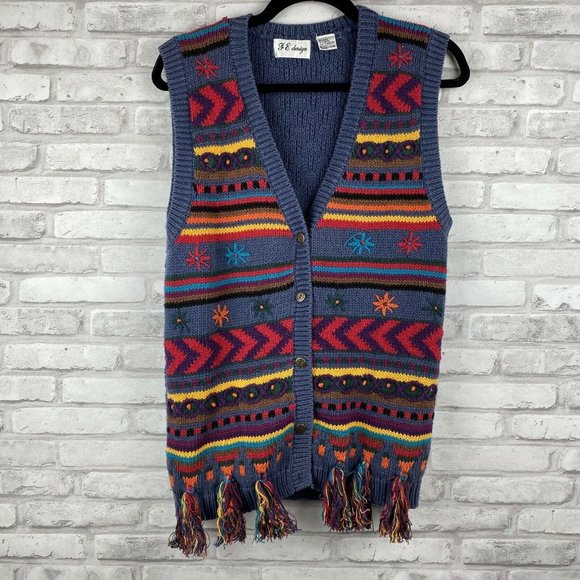 F E Design Womens Knit Sweater Vest Size Large Multi Color Stripe Sourthwestern - Picture 1 of 3